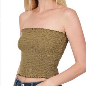 NEW ZENANA SMOCKED TUBE TOP DUSTY OLIVE GREEN S, M, L, XL